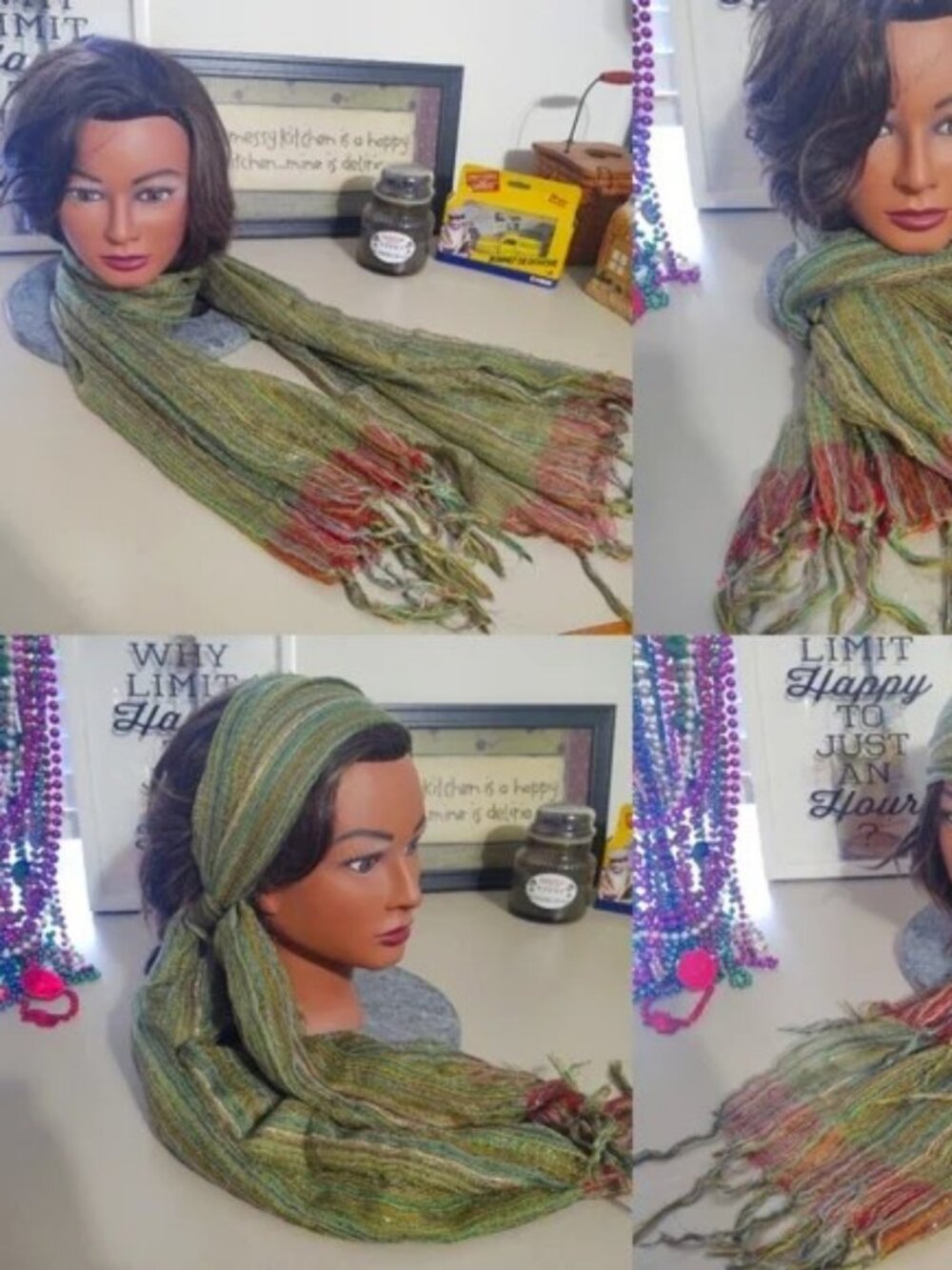 Boho Chic Two-Tone Scarf Green, Burgundy & Metallic